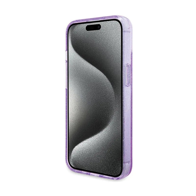 Guess MagSafe dėklas iPhone 15 Plus su žiediniu stovu, blizgučiais ir užrašu (violetinis)