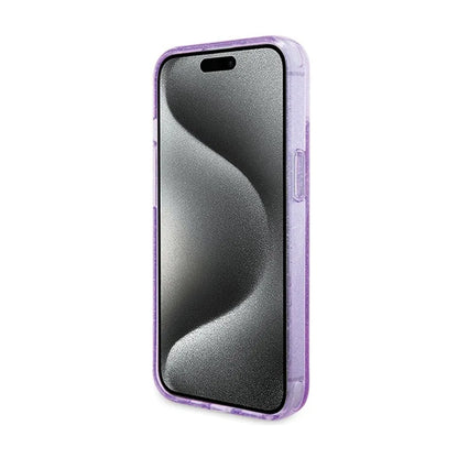 Guess MagSafe dėklas iPhone 15 Plus su žiediniu stovu, blizgučiais ir užrašu (violetinis)