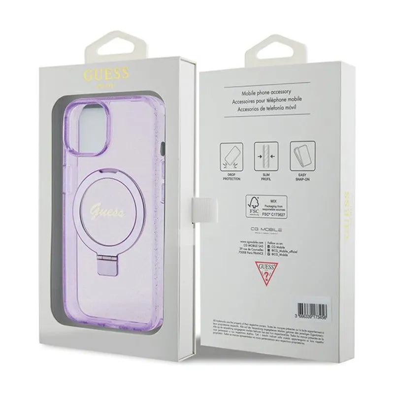 Guess MagSafe dėklas iPhone 15 Plus su žiediniu stovu, blizgučiais ir užrašu (violetinis)