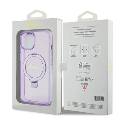 Guess MagSafe dėklas iPhone 15 Plus su žiediniu stovu, blizgučiais ir užrašu (violetinis)