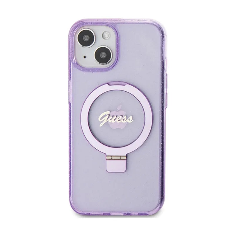 Guess MagSafe dėklas iPhone 15 Plus su žiediniu stovu, blizgučiais ir užrašu (violetinis)