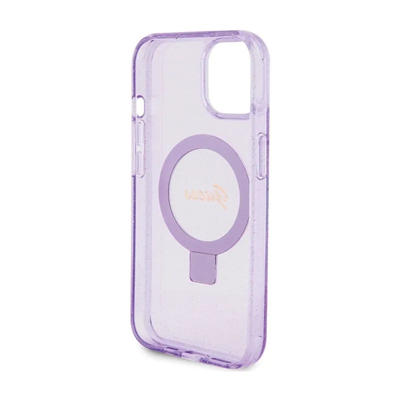 Guess MagSafe dėklas iPhone 15 Plus su žiediniu stovu, blizgučiais ir užrašu (violetinis)