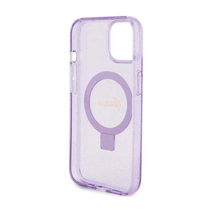 Guess MagSafe dėklas iPhone 15 Plus su žiediniu stovu, blizgučiais ir užrašu (violetinis)