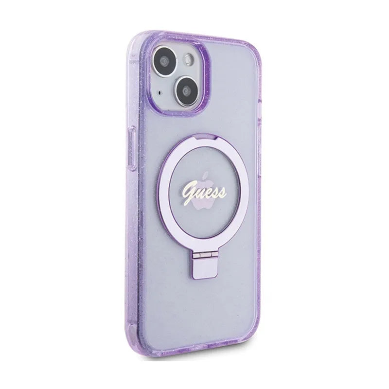 Guess MagSafe dėklas iPhone 15 Plus su žiediniu stovu, blizgučiais ir užrašu (violetinis)