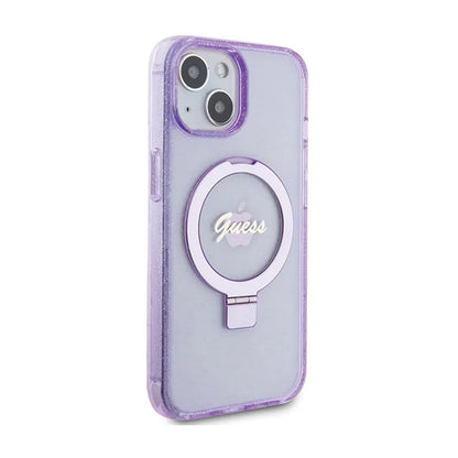 Guess MagSafe dėklas iPhone 15 Plus su žiediniu stovu, blizgučiais ir užrašu (violetinis)