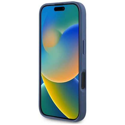 Guess MagSafe dėklas, skirtas iPhone 16 su grūdėta gėlių spauda (mėlynas)