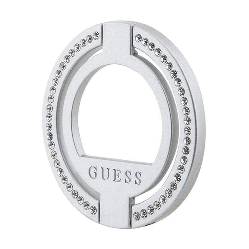 Guess MagSafe žiedo stovas su cirkoniais – magnetinis telefono laikiklis su stovo funkcija (sidabrinis)
