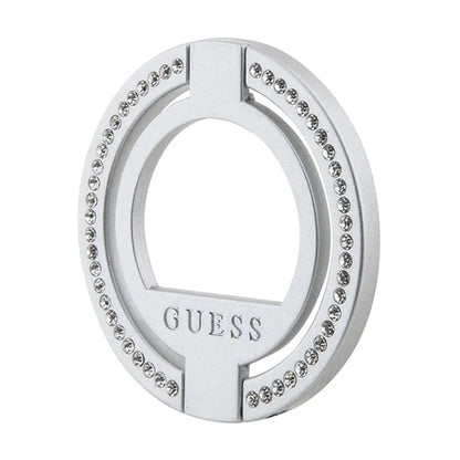 Guess MagSafe žiedo stovas su cirkoniais – magnetinis telefono laikiklis su stovo funkcija (sidabrinis)