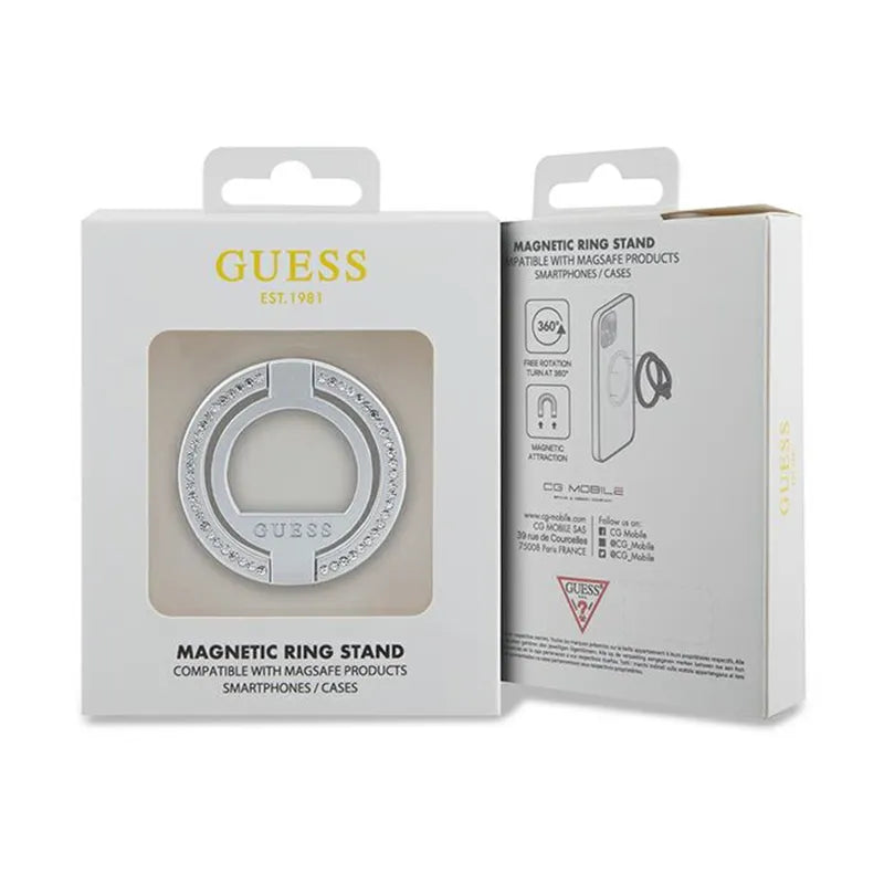 Guess MagSafe žiedo stovas su cirkoniais – magnetinis telefono laikiklis su stovo funkcija (sidabrinis)