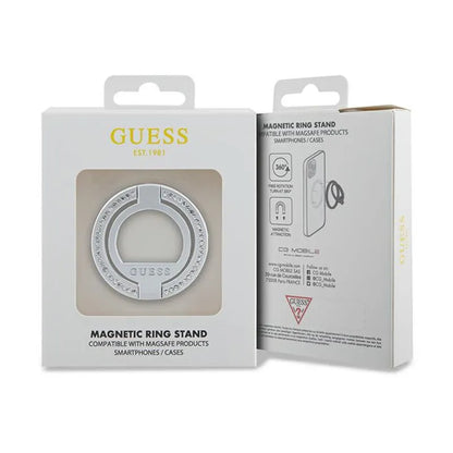 Guess MagSafe žiedo stovas su cirkoniais – magnetinis telefono laikiklis su stovo funkcija (sidabrinis)