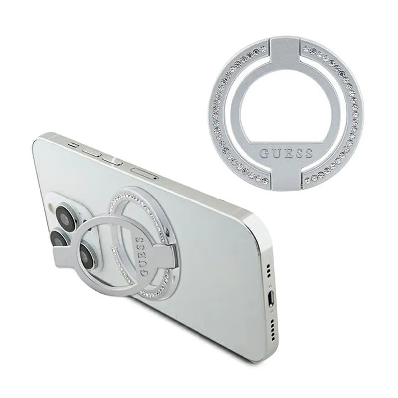 Guess MagSafe žiedo stovas su cirkoniais – magnetinis telefono laikiklis su stovo funkcija (sidabrinis)