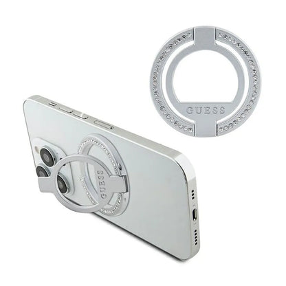 Guess MagSafe žiedo stovas su cirkoniais – magnetinis telefono laikiklis su stovo funkcija (sidabrinis)