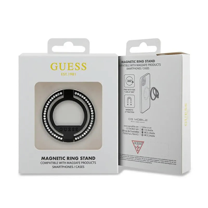Guess MagSafe žiedo stovas su kristalais – magnetinis piršto laikiklis telefonui su stovo funkcija (juoda)
