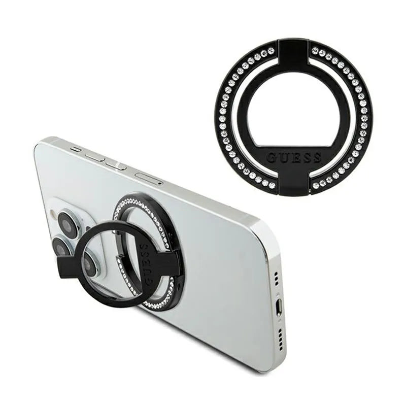 Guess MagSafe žiedo stovas su kristalais – magnetinis piršto laikiklis telefonui su stovo funkcija (juoda)