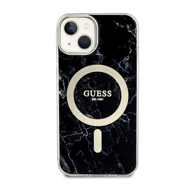 Guess Marble MagSafe – dėklas „iPhone 14“ (juodas)