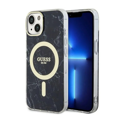 Guess Marble MagSafe – dėklas „iPhone 14 Plus“ (juodas)