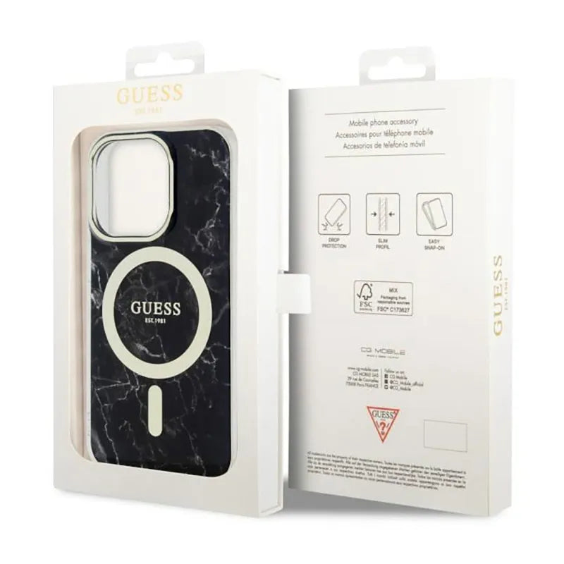 Guess Marble MagSafe – dėklas, skirtas iPhone 14 Pro (juodas)