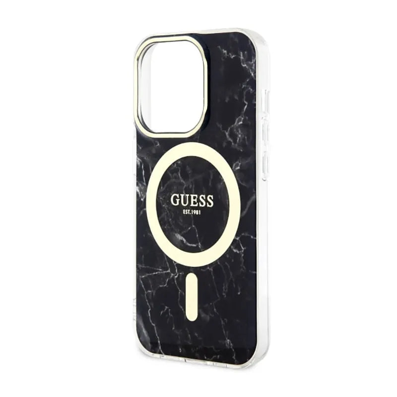 Guess Marble MagSafe – dėklas, skirtas iPhone 14 Pro (juodas)