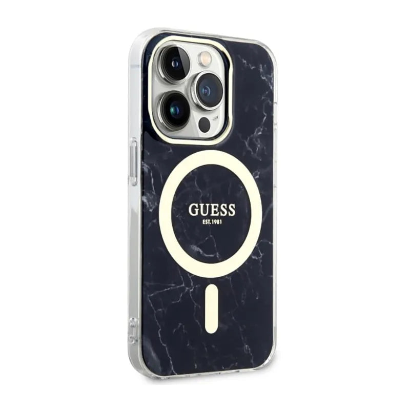 Guess Marble MagSafe – dėklas, skirtas iPhone 14 Pro (juodas)