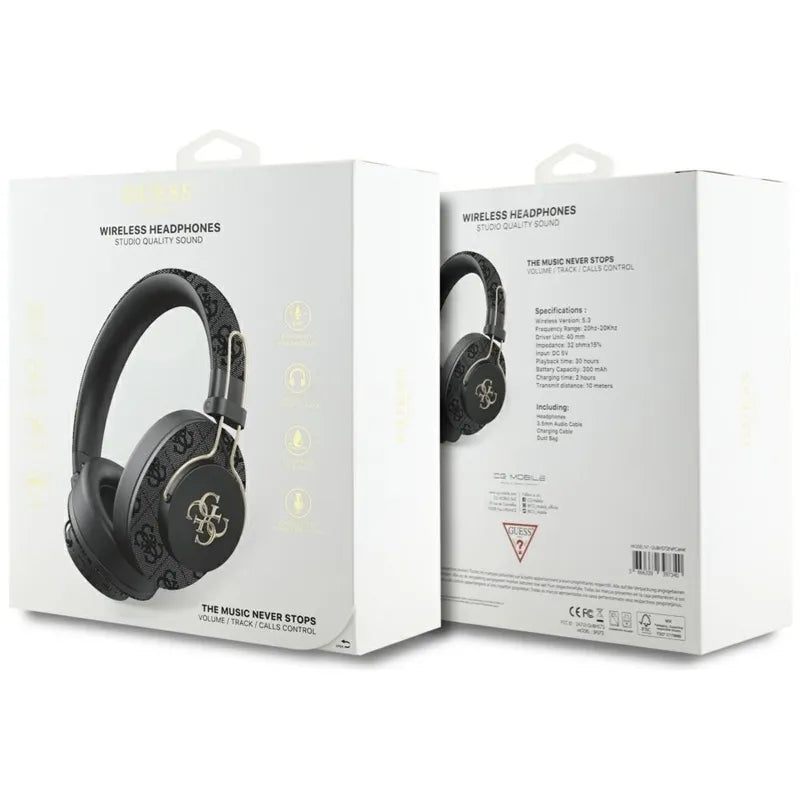 Guess Metal 4G Logo – belaidės „Over-Ear“ „Bluetooth“ ausinės su ENC funkcija (juodos)