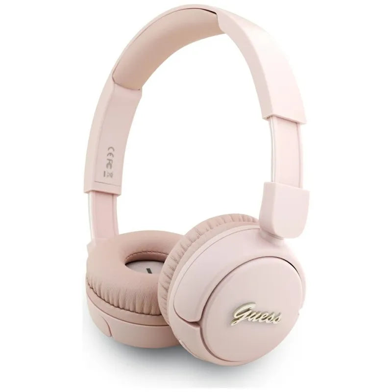 Guess Metal Logo Script – belaidės ausinės ant ausų Bluetooth V5.3 (rožinės)