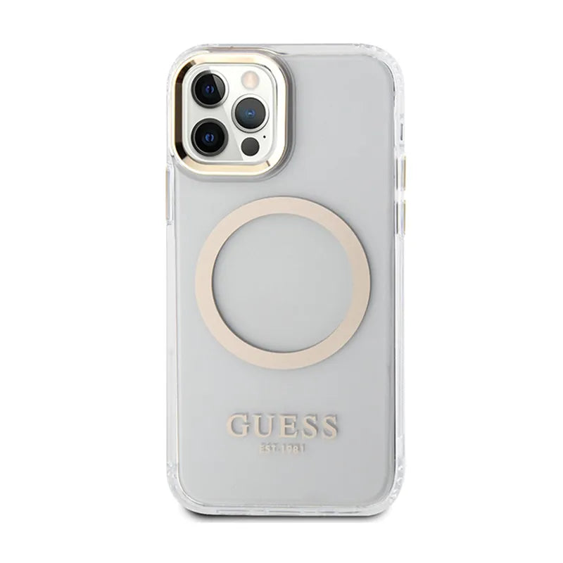 Guess Metal Outline MagSafe – dėklas skirtas iPhone 12 / iPhone 12 Pro (permatomas / auksinis)
