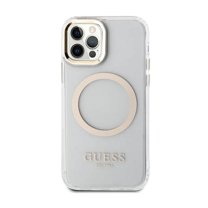 Guess Metal Outline MagSafe – dėklas skirtas iPhone 12 / iPhone 12 Pro (permatomas / auksinis)