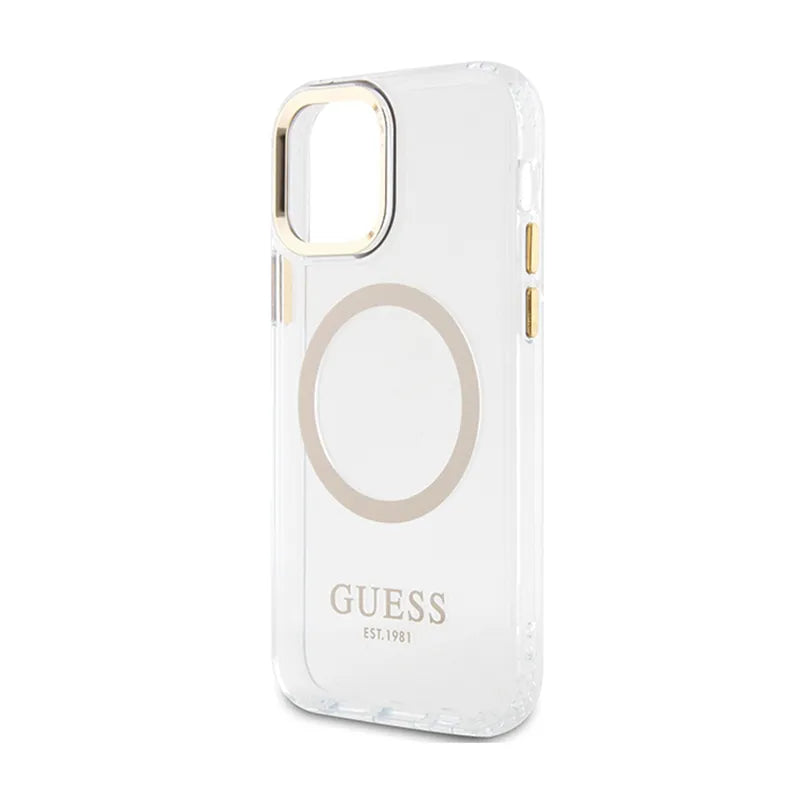 Guess Metal Outline MagSafe – dėklas skirtas iPhone 12 / iPhone 12 Pro (permatomas / auksinis)