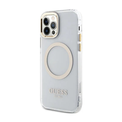 Guess Metal Outline MagSafe – dėklas skirtas iPhone 12 / iPhone 12 Pro (permatomas / auksinis)