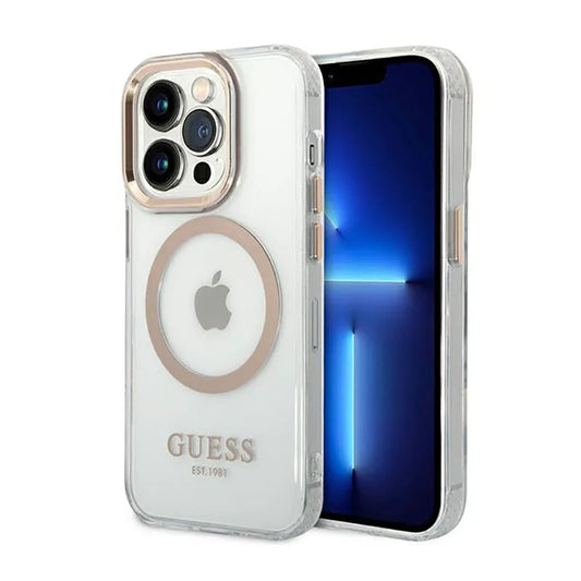 Guess Metal Outline MagSafe – dėklas, skirtas iPhone 14 Pro (permatomas)
