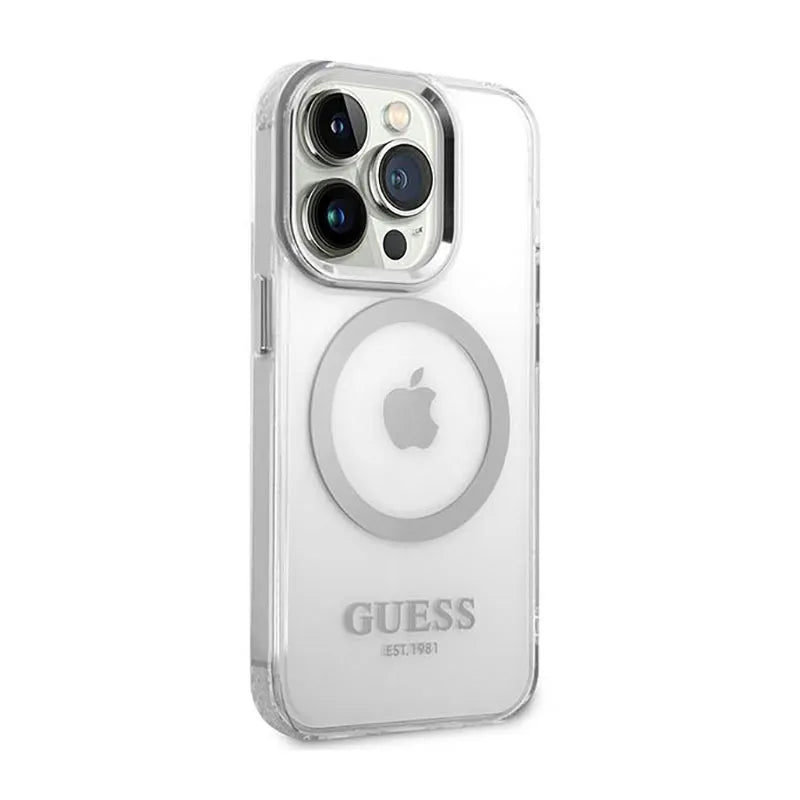 Guess Metal Outline MagSafe – dėklas, skirtas iPhone 14 Pro (permatomas)