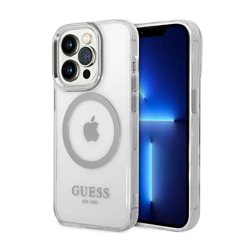 Guess Metal Outline MagSafe – dėklas, skirtas iPhone 14 Pro (permatomas)