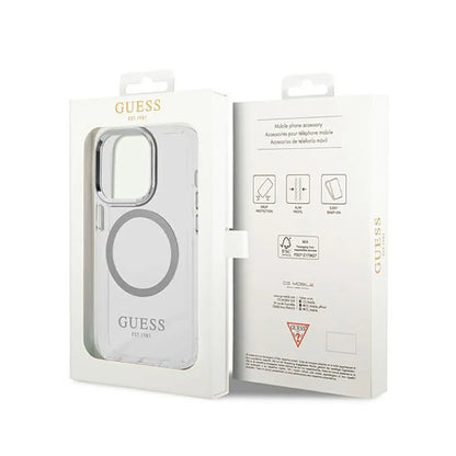 Guess Metal Outline MagSafe – dėklas, skirtas iPhone 14 Pro (permatomas)