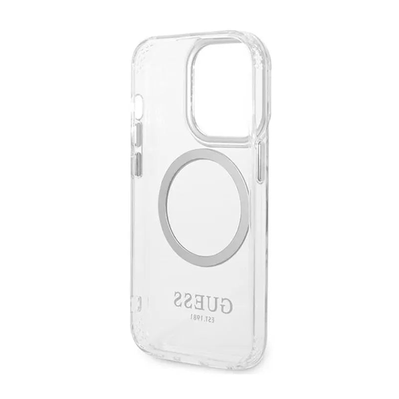 Guess Metal Outline MagSafe – dėklas, skirtas iPhone 14 Pro (permatomas)