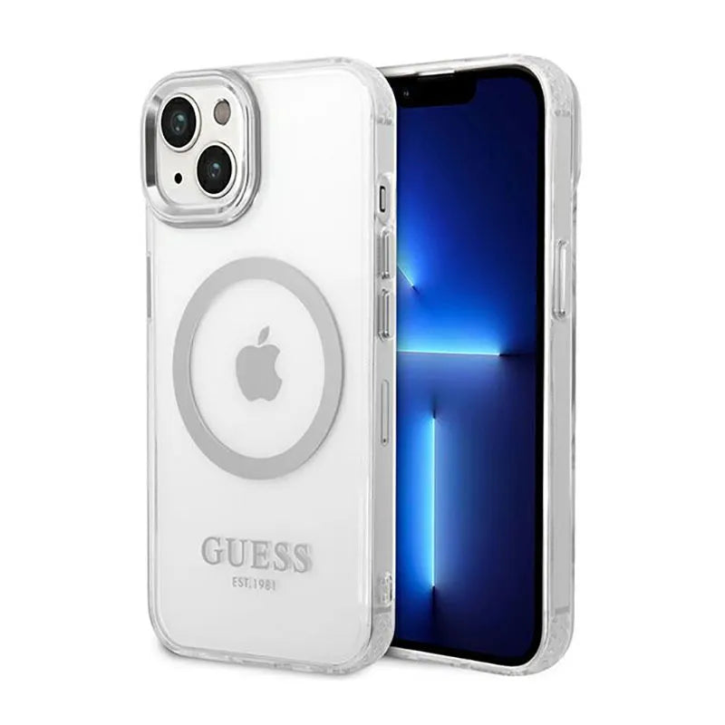 Guess Metal Outline MagSafe – dėklas, skirtas iPhone 14 (skaidrus)