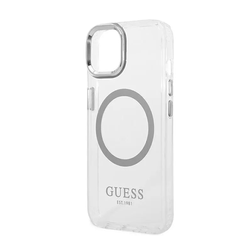 Guess Metal Outline MagSafe – dėklas, skirtas iPhone 14 (skaidrus)