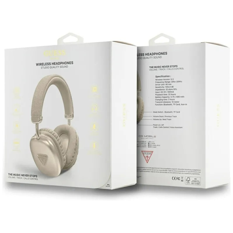 Guess Metallic Triangle Logo – Belaidės ant ausų dedamos ausinės Bluetooth V5.3 (aukso spalva)