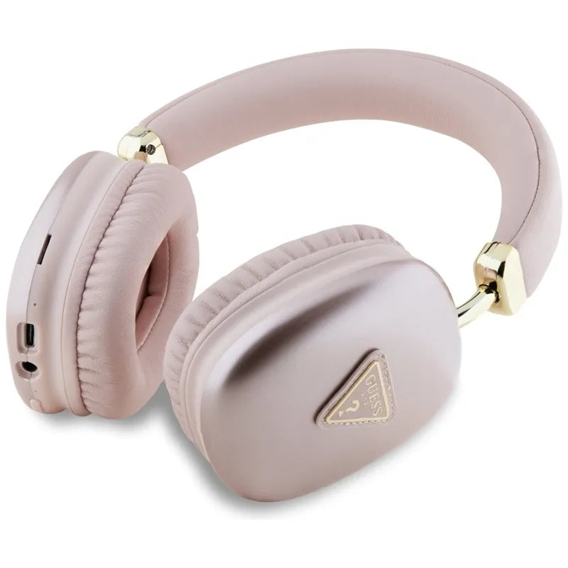 Guess Metallic Triangle Logo – Belaidės ant ausų dedamos ausinės „Bluetooth V5.3“ (rožinės spalvos)