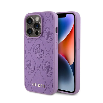 Guess Odinis 4G Stamped dėklas, skirtas iPhone 15 Pro (Violetinė)