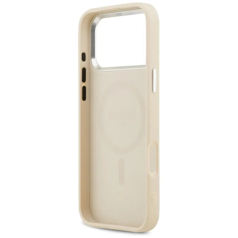 Guess Peonijos karšto spaudimo užrašas MagSafe – Dėklas iPhone 17 Pro Max (smėlio spalvos)