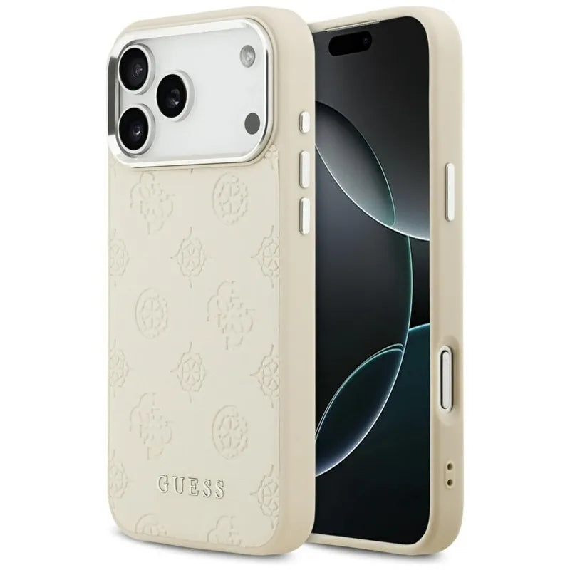 Guess Peonijos karšto spaudimo užrašas MagSafe – Dėklas iPhone 17 Pro Max (smėlio spalvos)