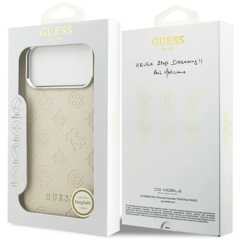 Guess Peonijos karšto spaudimo užrašas MagSafe – Dėklas iPhone 17 Pro Max (smėlio spalvos)