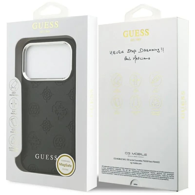 Guess Peonijos karšto štampavimo užrašas MagSafe – Dėklas iPhone 17 Pro (juodas)