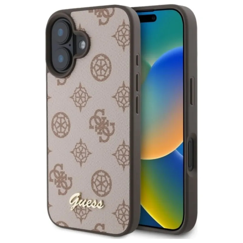 Guess Peony Script MagSafe dėklas, skirtas iPhone 16 (ruda)