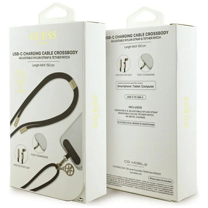 Guess Per Petį Dirželis 4G Pakabukas - Universalus Telefono Dirželis / USB-C į USB-C Kabelis 1.5m (Juodas)