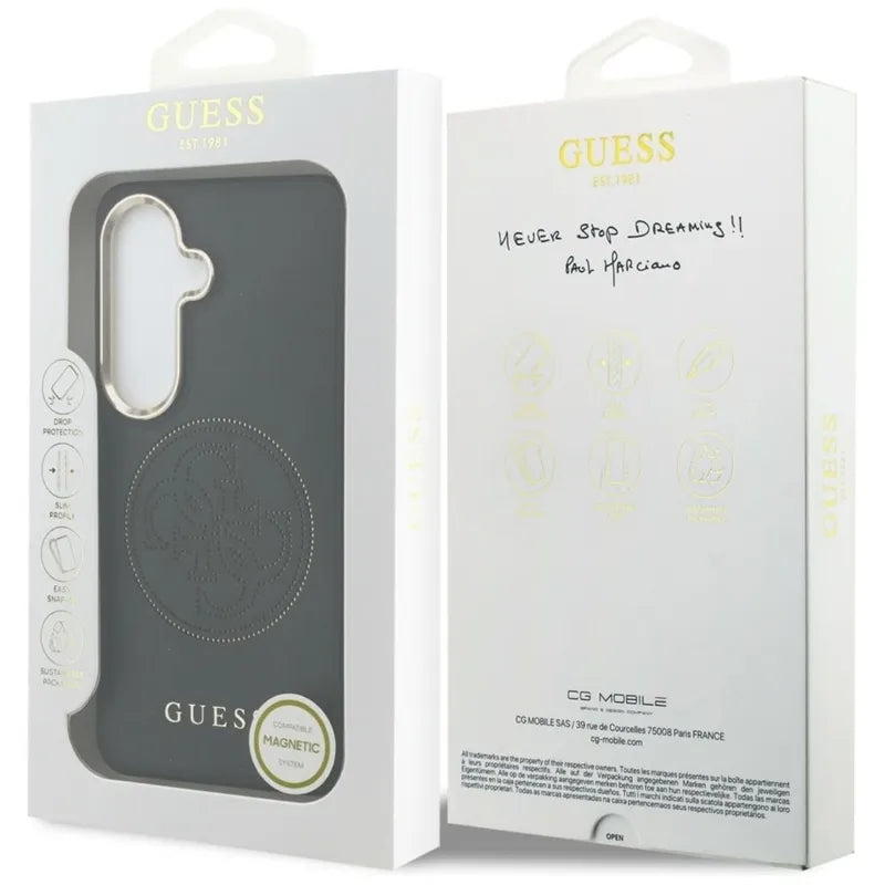 Guess Perforated Logo MagSafe dėklas - Samsung Galaxy S26 dėklas (juodas)