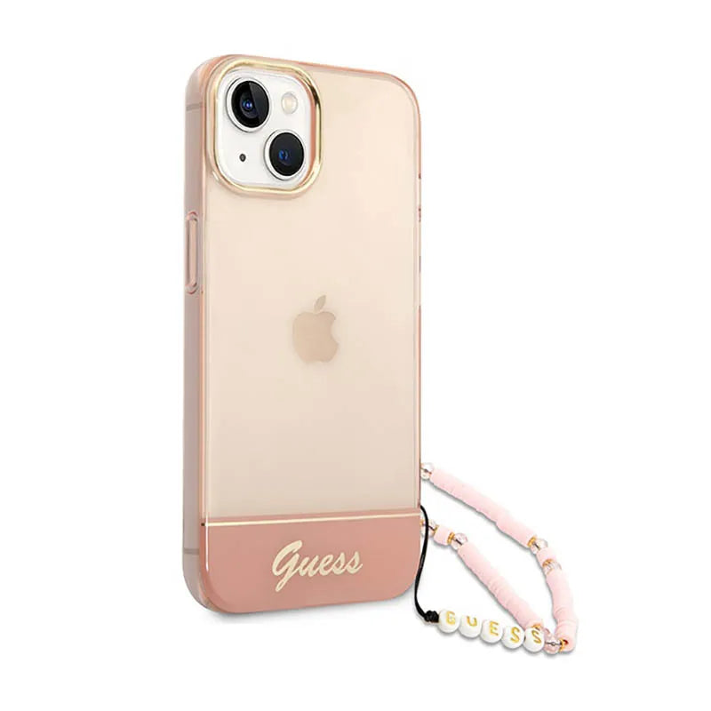 Guess Permatomas perlinis dirželis – dėklas iPhone 14 Plus (rožinis)