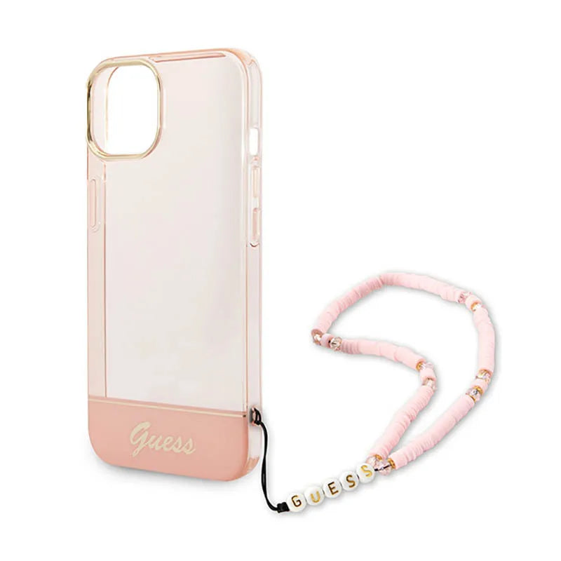 Guess Permatomas perlinis dirželis – dėklas iPhone 14 Plus (rožinis)