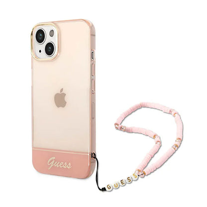 Guess Permatomas perlinis dirželis – dėklas iPhone 14 Plus (rožinis)