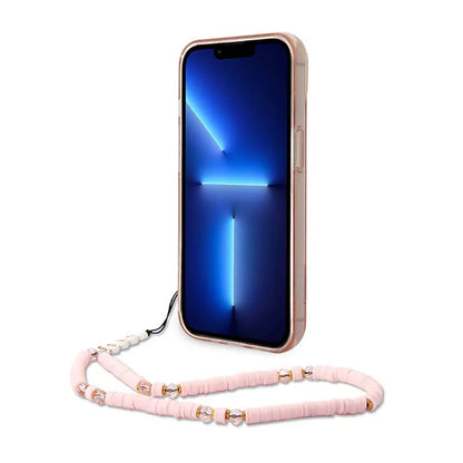 Guess Permatomas perlinis dirželis – dėklas iPhone 14 Plus (rožinis)